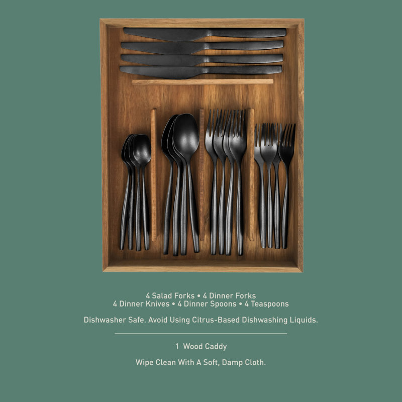 Bloomhouse 20 Piece Stone Washed Flatware 18/10 Stainless Steel Silverware Cutlery Utensil Set With Acacia Wood Caddy , Black