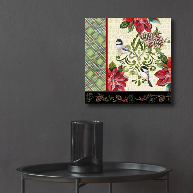 «Chickadee Holiday 4» par Jean Plout, art mural en verre acrylique, 12 po x 12 po, 12 po x 12 po