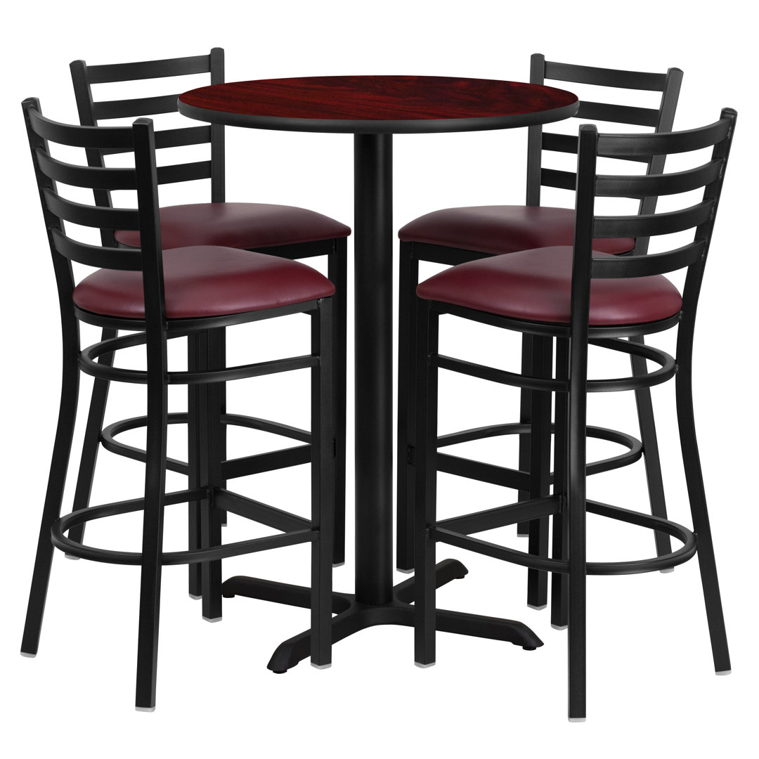 Carlton 30'' Round Laminate Table Set with X-Base and 4 Ladder Back Metal Barstools Flash Furniture Cushion