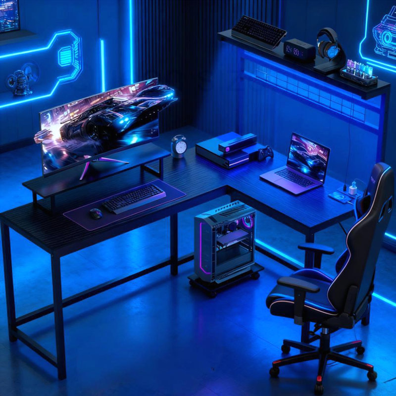 L Shaped Gaming Desk with Power Outlets & LED Lights, Black