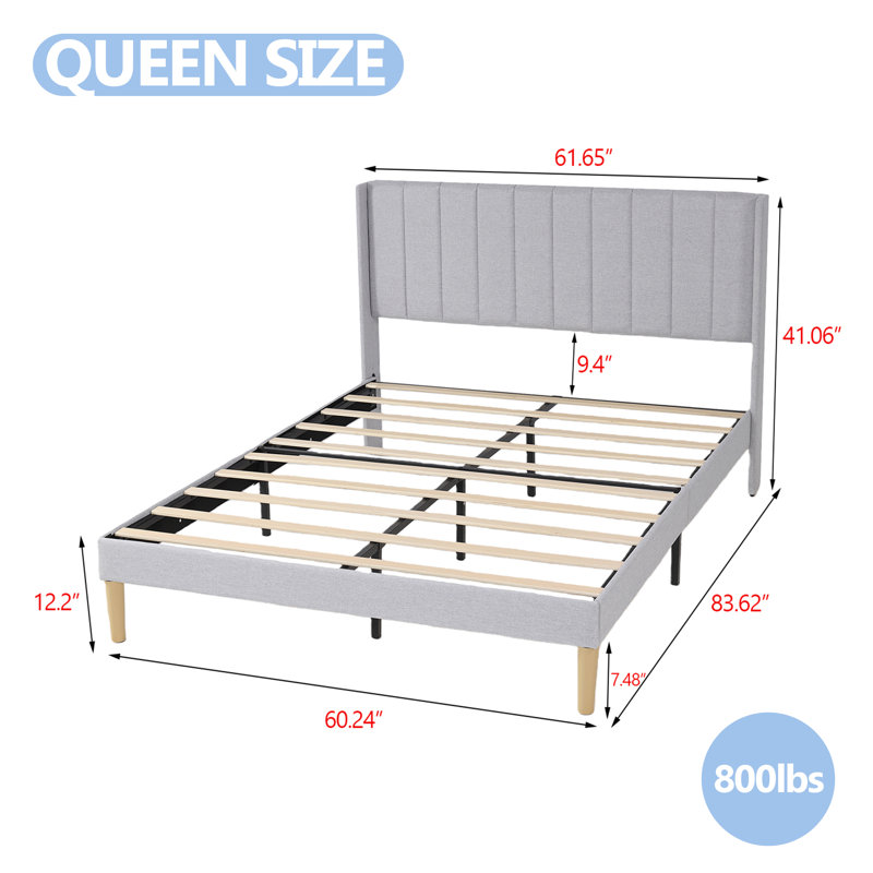 Structure de lit plateforme tapissier avec oreilles, Gris pâle, Grand lit