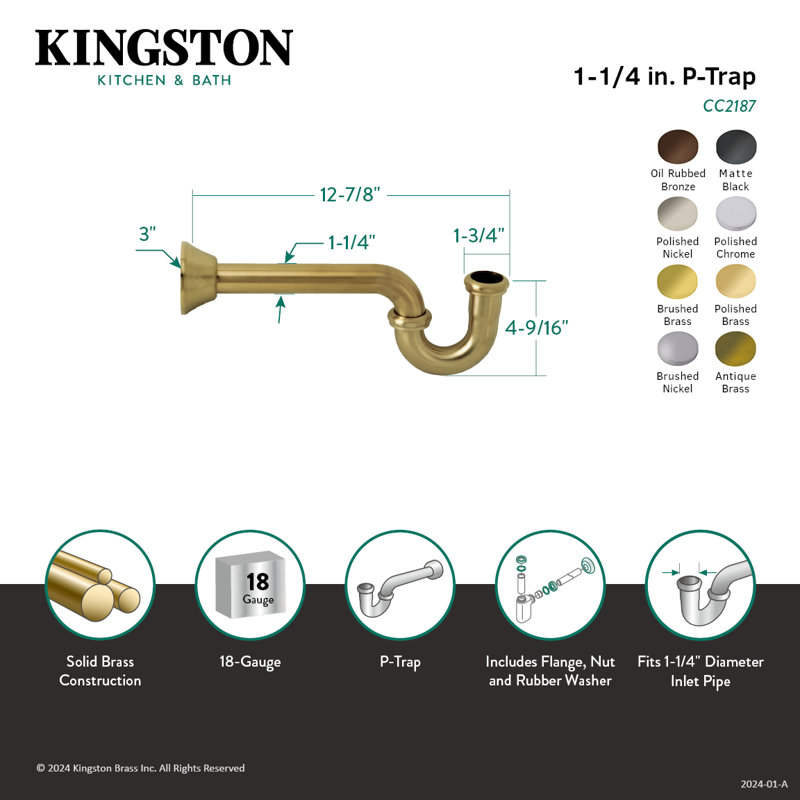 Kingston Brass Vintage 1-1/4 Inch Decor P-Trap, 18 Gauge