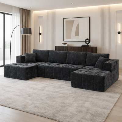 Canapé modulaire en chenille, canapé désossé de style nuage avec méridienne, canapé rembourré moderne avec porte-gobelets et poches latérales, canapé à compression