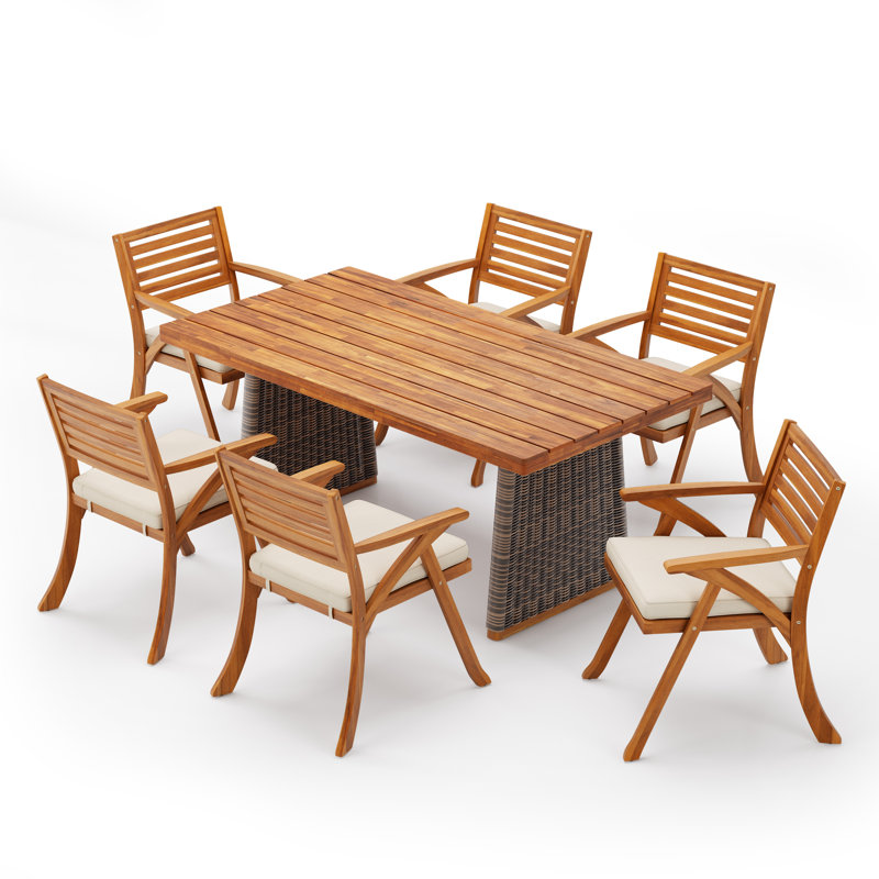 Tidehaven 7-Piece Coastal Acacia Wood Patio Dining Set With 6 Slatted Chairs, PE Wicker Base & Water-Repellent Cushions