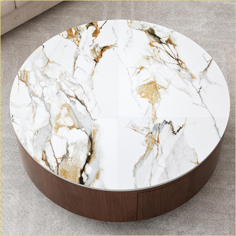 Table basse ronde en pierre frittée avec base en noyer pour le salon, facile à nettoyer et à ranger