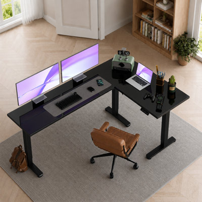 Bureau debout en forme de L en verre à hauteur ajustable de 63 po, bureau de coin électrique à deux moteurs avec tiroirs