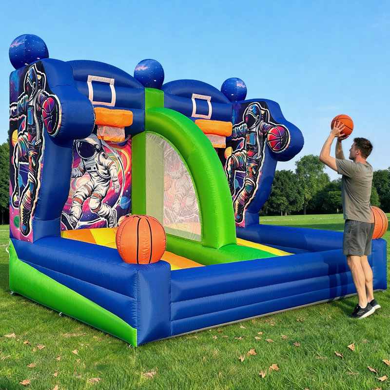 Jeu de basketball gonflable de 4 x 3 x 3 m avec 2 paniers, 4 ballons et un gonfleur – Un jeu de basketball amusant pour les fêtes, les événements et les jeux en plein air.