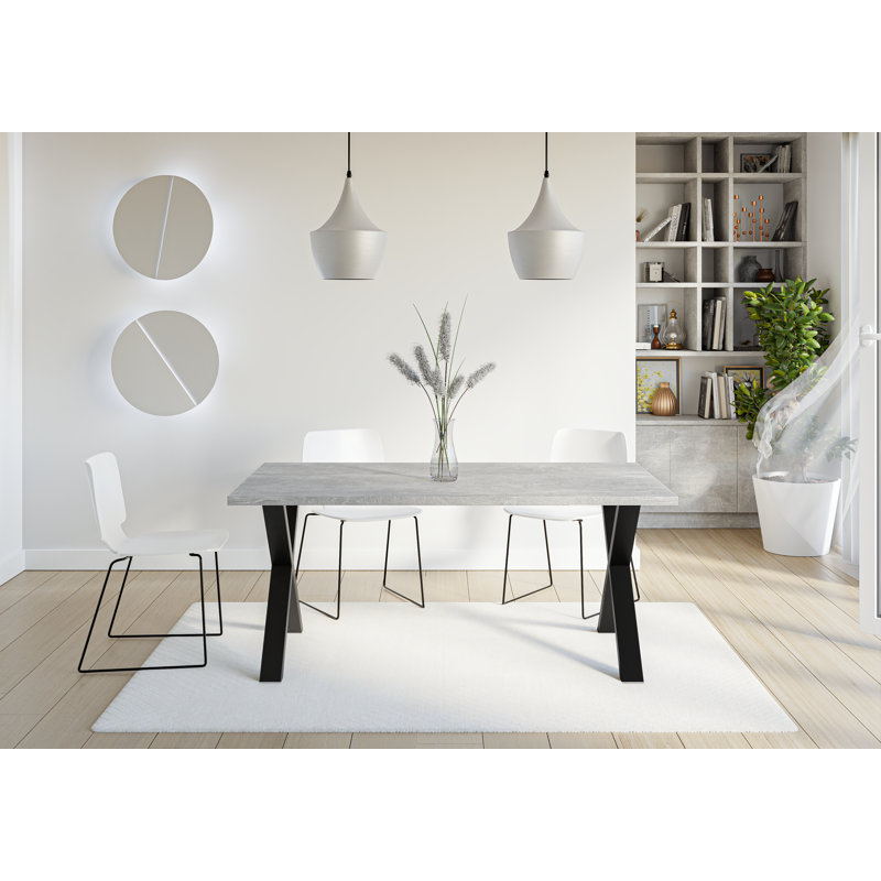 Dining Table Asai with X-Shaped Black Metal Legs, Grey