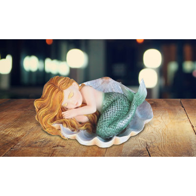 4.5"W Green Tailed Baby Mermaid Sleeping on Oyster Shell Mergirl Figurine