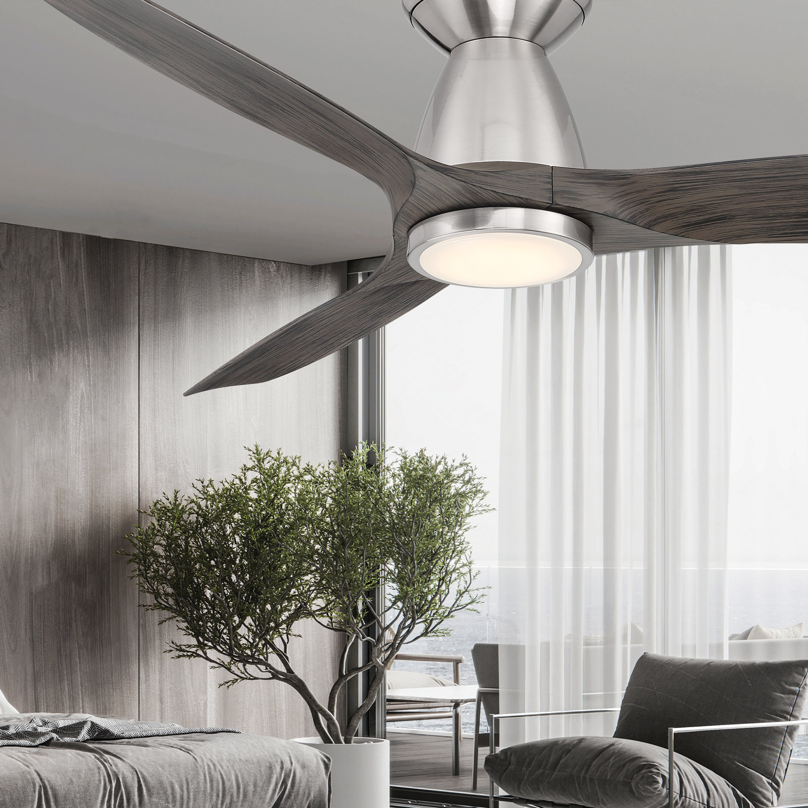 Skylark 54" 3 - Blade Outdoor LED Smart Flush Mount Ceiling Fan with Remote Control and Light Kit Included , Brushed Nickel