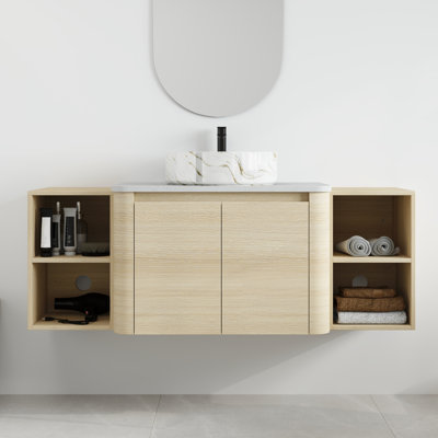 Ensemble de meuble-lavabo simple mural 54 po avec lavabo en céramique et tablettes Greythor, ensemble de meuble-lavabo simple 54 po avec plateau en pierre reconstituée