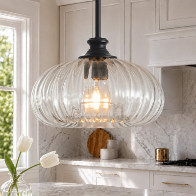 Suspension Alejo 10,8 po en verre côtelé en forme de citrouille à une lumière pour îlot de cuisine