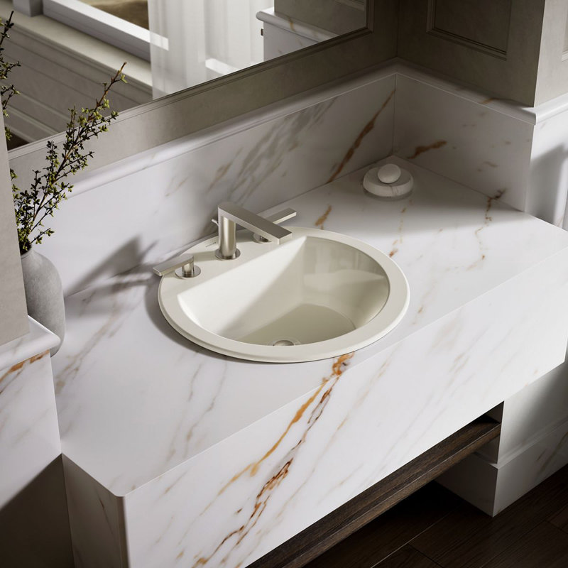 Lavabo de salle de bain circulaire encastré en céramique avec trop-plein Bryant, Biscuit, Centres de 8 po