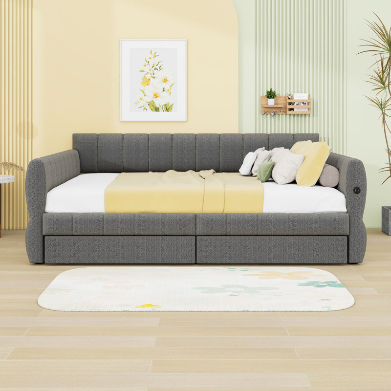 Grand lit de jour rembourré avec chargement USB et tiroirs de rangement, Gris