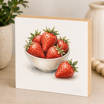Strawberries Mini Art Block, 5.5-Inch Square Wood Decorative Sign