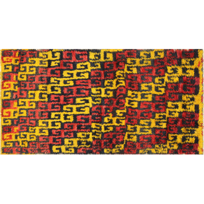 Tapis unique en laine noué à la main de style années 1960 de 3 pi 3 po x 6 pi 4 po jaune / rouge / noir