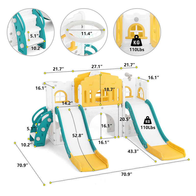 Joyldias 70.9'' W 9 In 1  Plastic Climber Toddler Slide, Toddler Playground With Double Slides,, Yellow/Green
