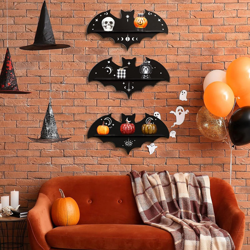3 Pcs Bat Shelf Gothic Decor Witchy Crystal Shelf Spooky Coffin Wall Hanging With Hooks Floating Black Wooden Room Decor For Crystal Keys
