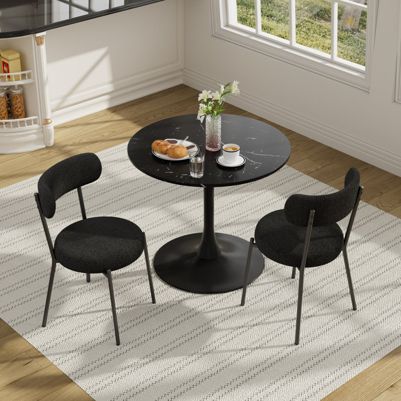 3 Piece Dining Room Round Table and Teddy Chairs Set, Black, Black