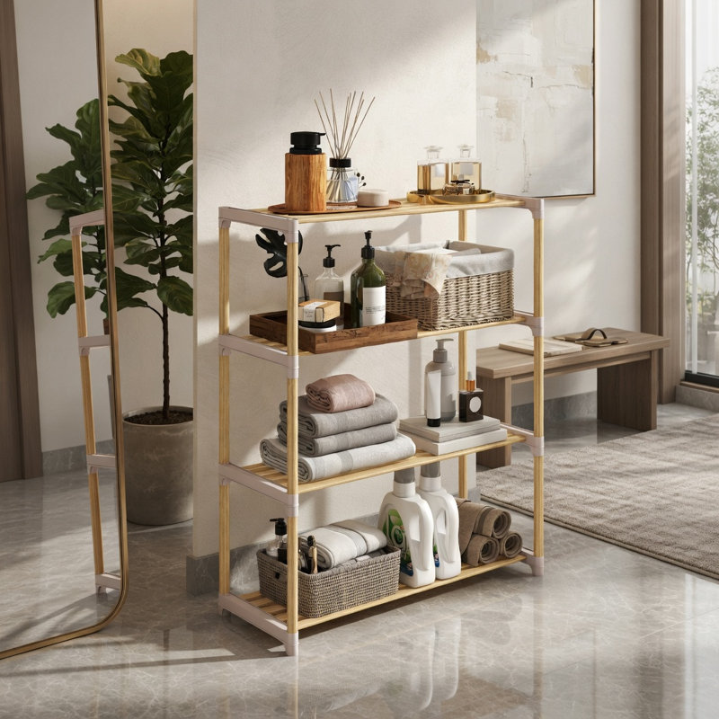 Range-chaussures en bois de pin massif à 3 ou 4 niveaux avec tablettes ouvertes à lattes - Organisateur de vestibule moderne naturel et gris pour chaussures, livres et articles de toilette