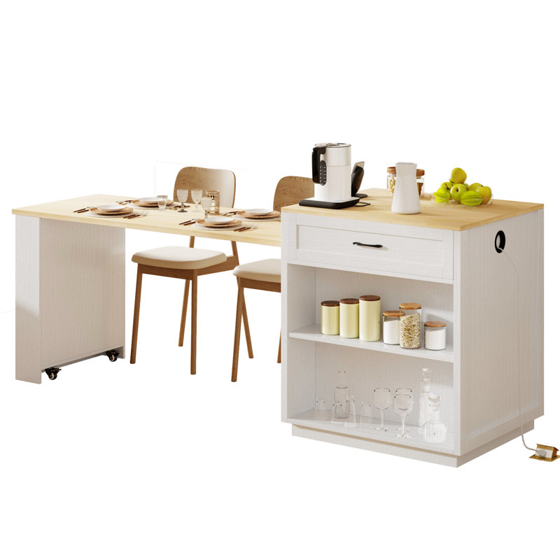 Îlot de cuisine 82,7 pouces avec table extensible pour 2 à 6 personnes, grain de bois blanc, double rangement, prise de courant, 2 tablettes latérales, base ouverte