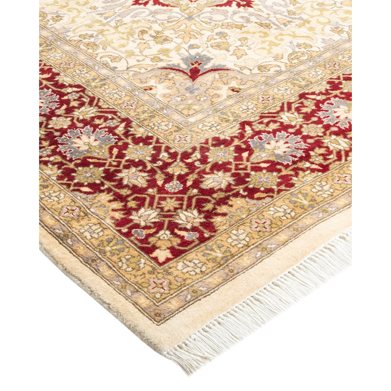 Tapis unique noué à la main Keenan - ivoire / rouille / jaune, 6 pi 2 po x 6 pi 7 po