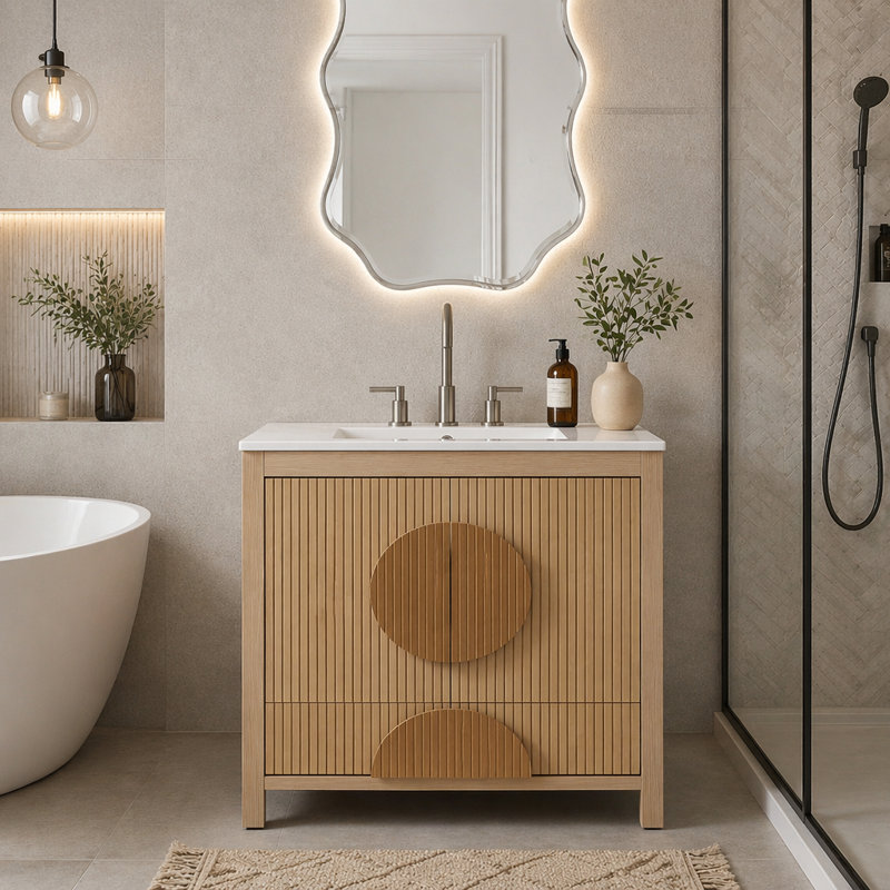 Meuble-lavabo cannelé avec évier - Armoire en bois moderne autoportante avec portes à fermeture douce, 1 tiroir et rangement ouvert, décoration circulaire décorative