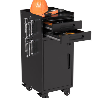 Rangement pour outils de 34,3 po - Conception mince avec armoire inférieure verrouillable, 2 tiroirs et poignée ergonomique, installation rapide, rangement compact en métal noir pour les espaces restreints, porte, pivotant, fonction