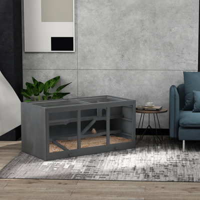 Très grand hamster - cage en bois gris pour petits animaux de compagnie Surface, construction solide, toit à charnières, approche facile à nettoyer par un animal spacieux avec toit et rampes qui s'ouvrent, bois adapté aux autres