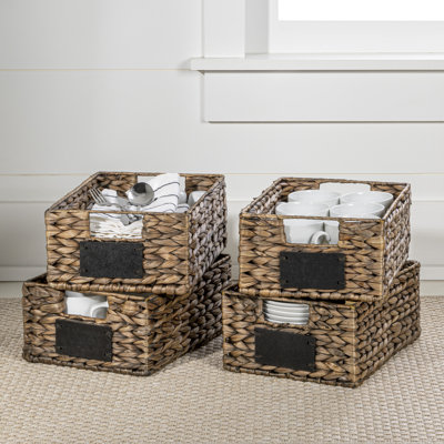 Lane 12" Classic Farmhouse Handwoven Hyacinth Pantry Baskets with Chalkboard Labels and Handles