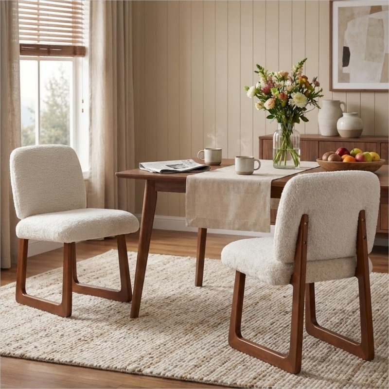 Ensemble de 2 chaises d'appoint rembourrées en peluche avec pieds en bois massif courbé, capacité 300 lb, beige