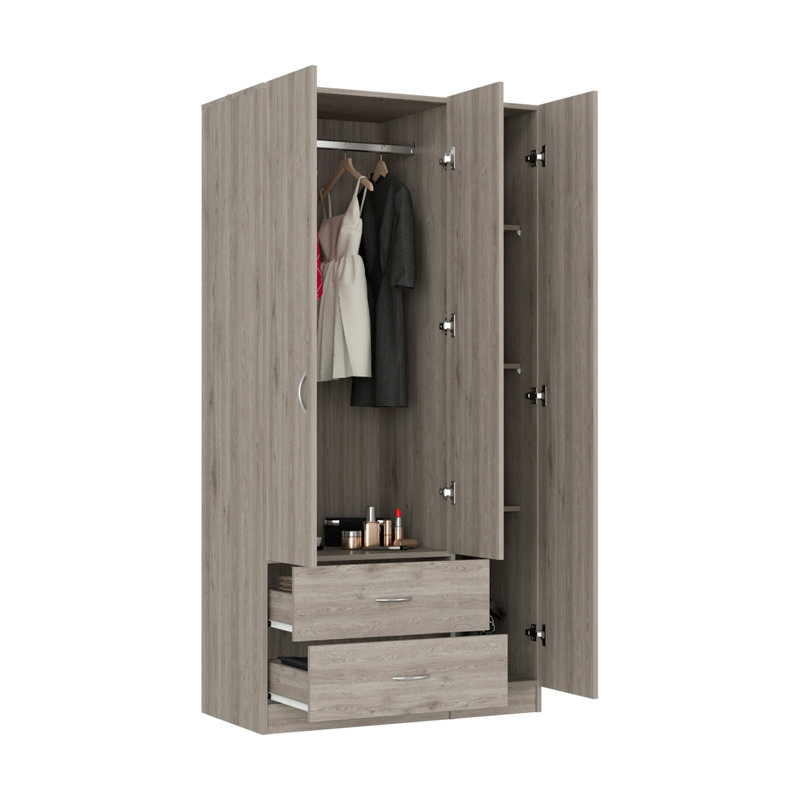 Armoire 3 portes avec deux tiroirs, tablettes et barre de suspension austral, Gris clair