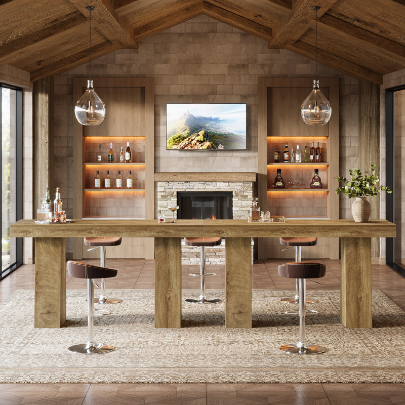 Table de bar 63 pouces avec plateau de table épais et base robuste, Brown, Brown