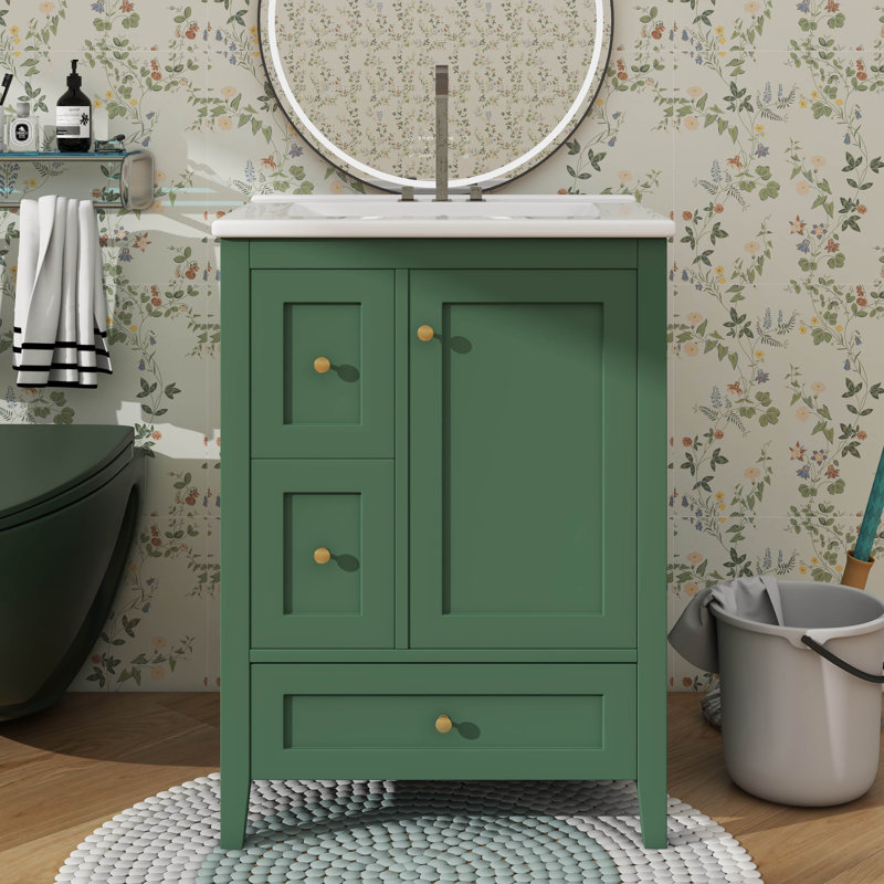 Armoire de salle de bain 24 pouces avec 3 séparateurs amovibles à 3 tiroirs et tablette personnalisable, Vert foncé