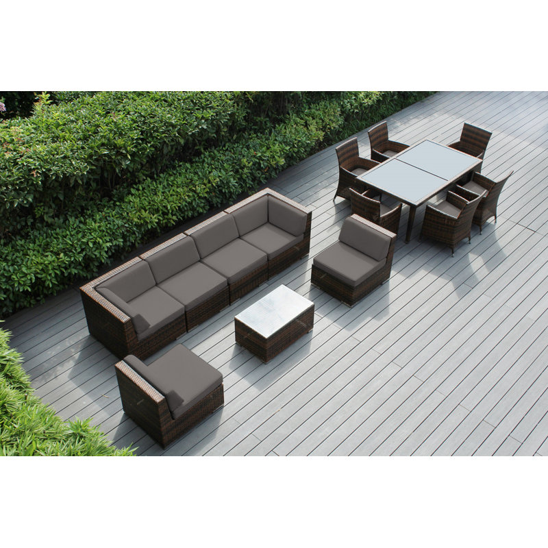 Ensemble de patio complet en rotin avec coussins 14 pièces Pavior, Mélange de bruns, Toile Sunbrella® taupe