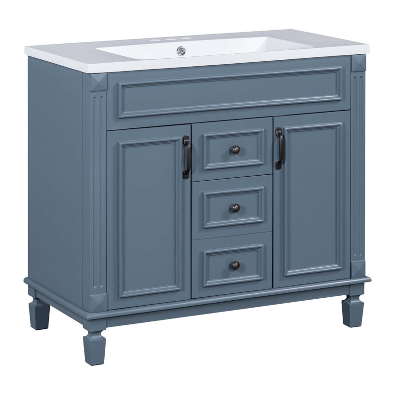 Meuble-lavabo moderne avec lavabo supérieur, 2 portes à fermeture douce et 2 tiroirs, Bleu