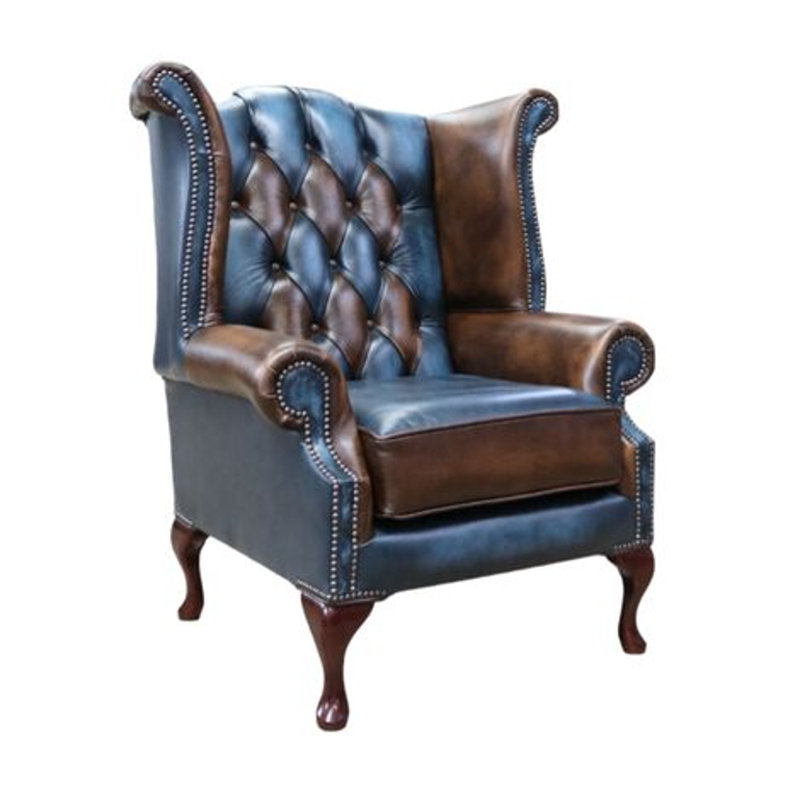 1 Seater Genuine Leather Loveseat, Walnut, Brown/Blue