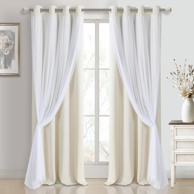 2 Panels Blackout Curtains with Sheer Overlay Thermal Insulated Mix & Match Double Layer Window Panels Drape Sewn with Tiebacks Grommet Top for Bedroom Living Room