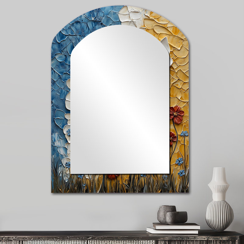 Gold Mexican Fiesta Floral Mosaic - Gold Bohemian Arch Wall Mirror, 34 po x 25 po