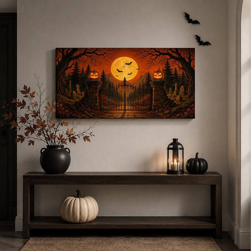 Porte de cimetière hantée avec citrouilles lumineuses et toile murale d'Halloween, L 46 po x H 24 po