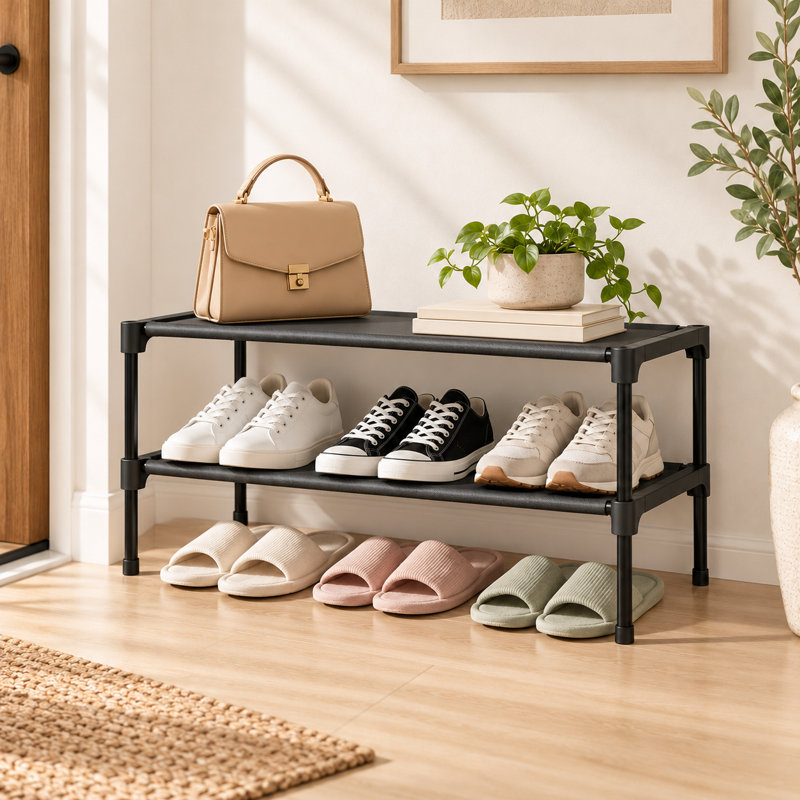 Shoe Rack - Non-Woven Shoe Rack Shelf, Shoe Organizer for Closet, Entryway, Garage & Corridor, Stackable Shoe Shelves, 27.5" Wide - 2 Tier, Black