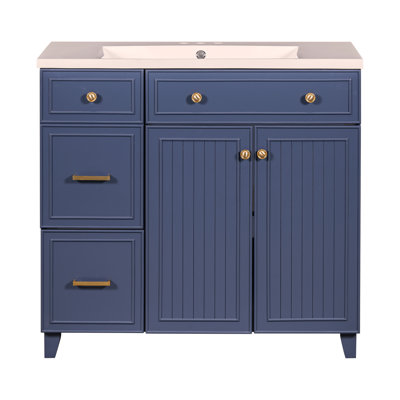 Armoire de salle de bain de style transitionnel de 36 pouces avec lavabo en résine, 2 tiroirs et 1 tablette de rangement réglable