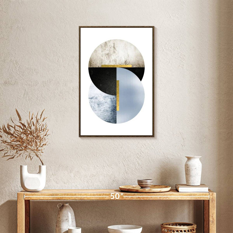 Bleu, beige, noir, géo, Cadre flottant noyer, 21 po x 31 po