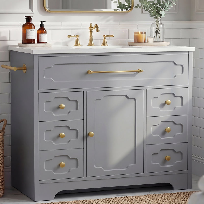 Ensemble de meuble-lavabo autoportant 36 po avec lavabo intégré en céramique 36 po et 7 tiroirs, Gris
