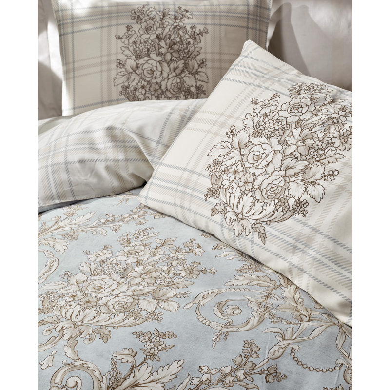 Ensemble de housse de courtepointe luxueuse 100% coton, beige et bleu clair | Comprend une housse de couette (79 x 87 po), un drap plat (94 x 102 po), 4 taies d'oreiller (20 x 28 po) | Impression réactive, lavable à la machine, design élégant