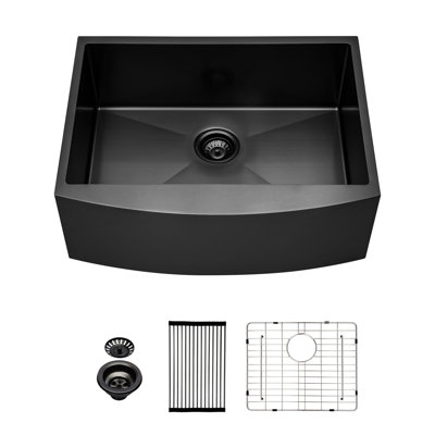 Évier à tablier 33 po x 21 po x 10 po, acier inoxydable, noir mat, simple cuve, rouille et teinte, calibre 16, peinture nano, facile à nettoyer, à entretenir et à entretenir