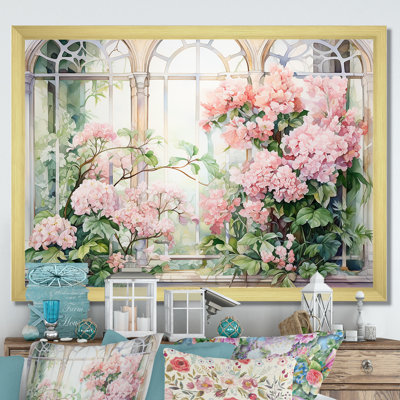 «Pink Blossoming Country Window Gaze III», art mural grande fenêtre