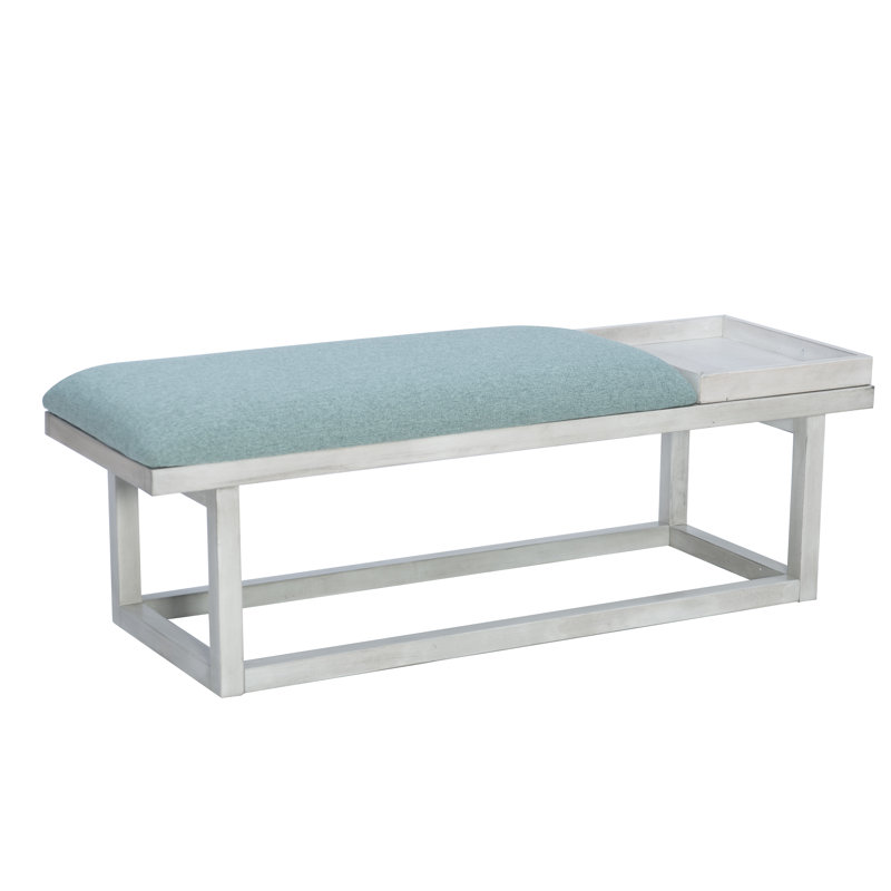 Upholstered Bench with Removable Tray, Aqua/White