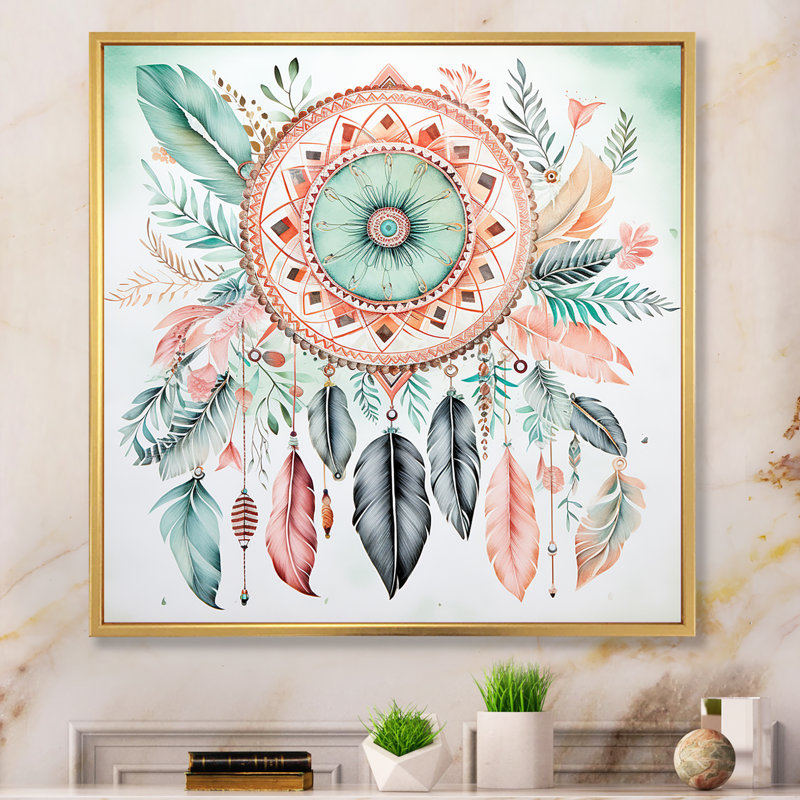 «Pastel Turquoise Boho Dreamcatcher I», reproduction d'art sur toile, H 16 po x l 16 po, Cadre flottant doré