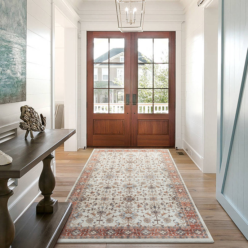 Demarquis Machine Woven Polyester Oriental Ivory/ Red Area Rug, Rectangle 5' x 8'
